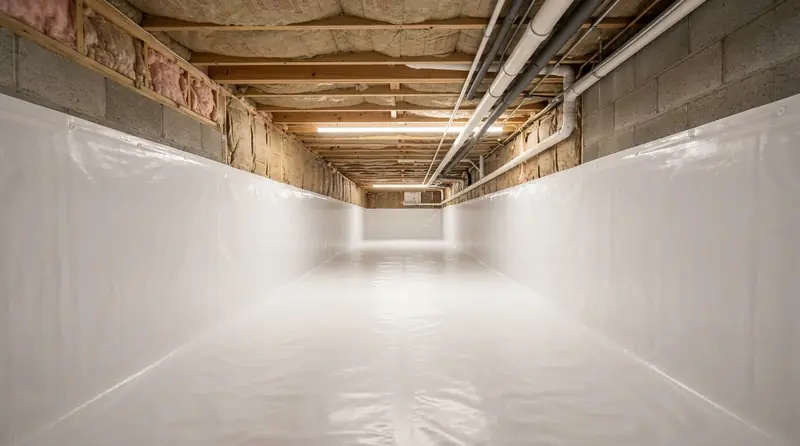 A clean, professionally encapsulated crawlspace with sealed vapor barrier